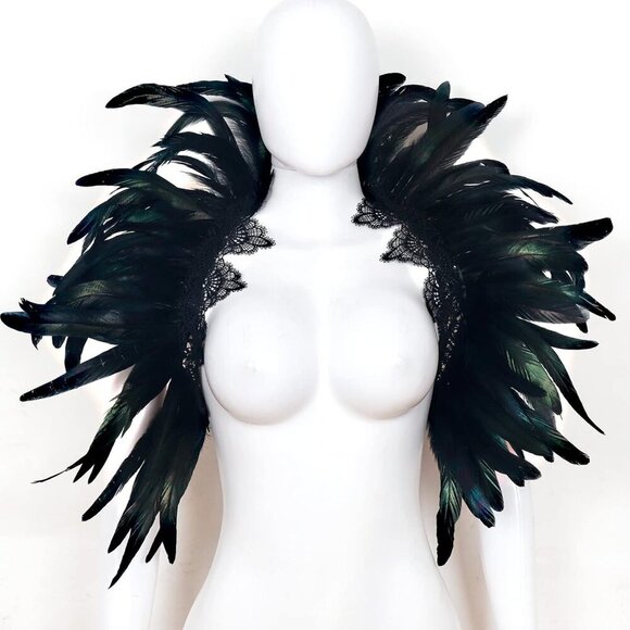 Black Feather Shrug Cape Lace Shoulder Wrap for Women Halloween Costumes - Picture 4 of 7